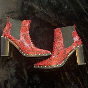 red snake print booties. studded